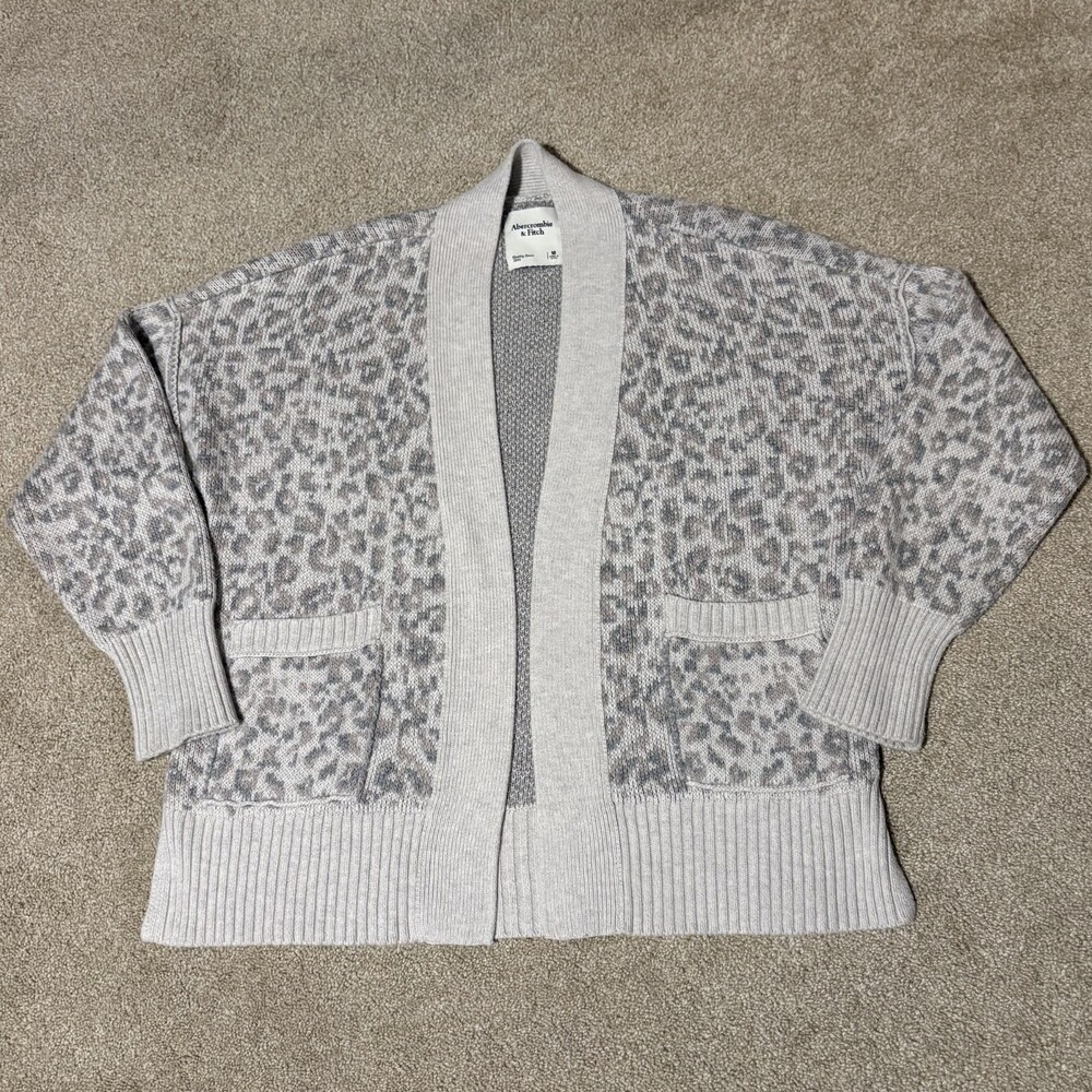 Abercrombie & Fitch Womens Knit Cardigan Sweater Cream Tan Animal Print, Sz M